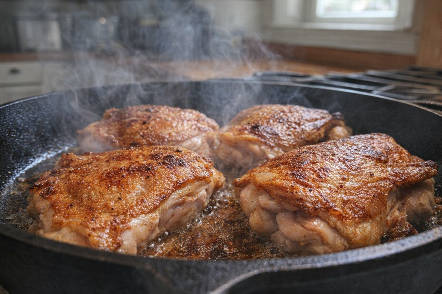 A close-up of chicken pieces searing in a hot skillet, golden brown crust forming, steam rising, shot from eye-level